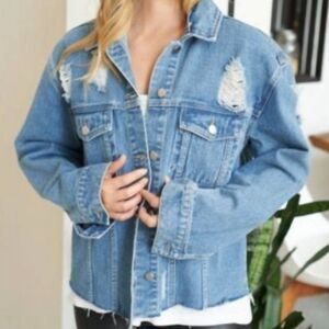 White Birch Oversized Distressed Blue Denim Jean Jacket Size M